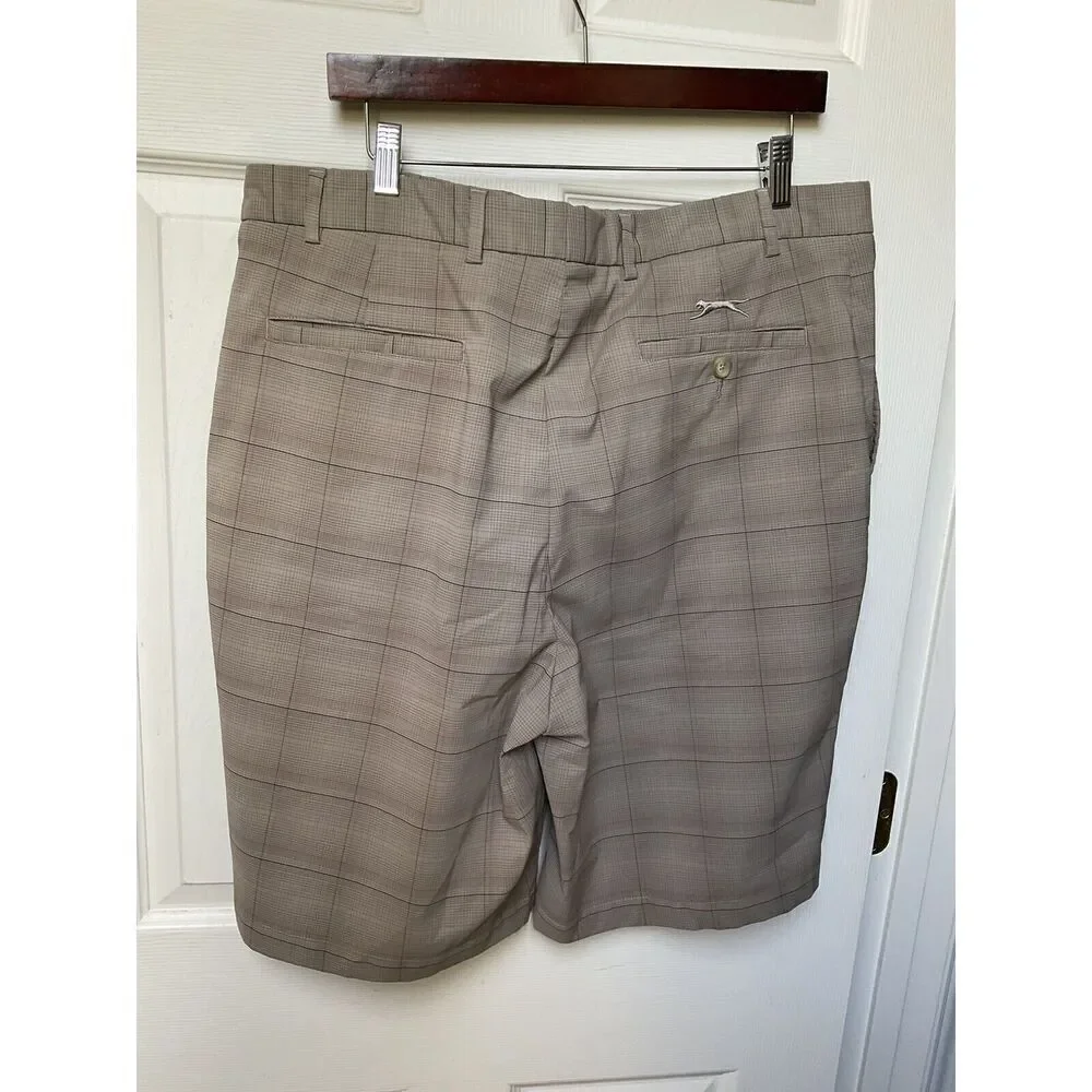Slazenger Golf Shorts men’s size 38‎ Plaid Tan Athletic Poly Spandex Flat Front